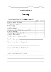 English Worksheet: Survey - modal can