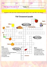 English Worksheet: Fall Crossword puzzle