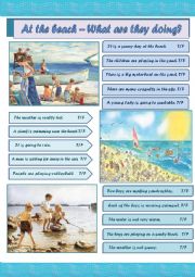 English Worksheet: At the beach (picture description with Present Continuous)