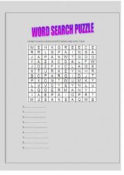 English Worksheet: countries word search puzzle