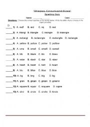 English Worksheet: shapes, colors and sizes