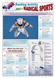 RADICAL SPORTS - (3 pages) Part 1 of 3 - Reading activity about SPACE JUMP RED BULLs STRATOS with 16 exercises 