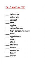 English Worksheet: A / AN or Cross (X)