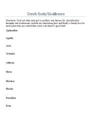 English Worksheet: Greek God/Godess Activity