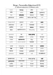 Personality adjectives BINGO (2/2) - ESL worksheet by elderberrywine