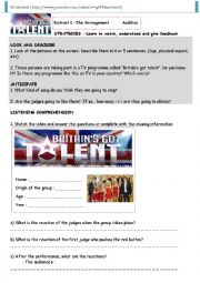 English Worksheet: Britains Got Talent_Listening Comprehension