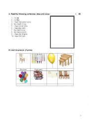 English Worksheet: Identifying body parts and school objects