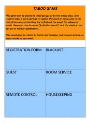 English Worksheet: Taboo game (Hotels: staff, documents, facilities...)