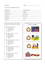 English Worksheet: Telling Time Review (words to numbers, noon/midnight, in the morning/afternoon, at night)