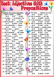 English Worksheet: Test: Adjectives With Prepositions 