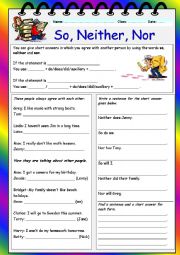 English Worksheet: So, neither, nor in short answers