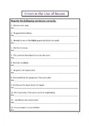 English Worksheet: Errors in the Use of Nouns