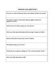 English Worksheet: Speaking Club Questions Volume 1