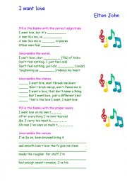 English Worksheet: Working with vocabulary - listening comprehension activity : I want love (Elton John) - with answer key.