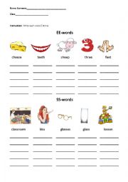 English Worksheet: digraphs ee and ss