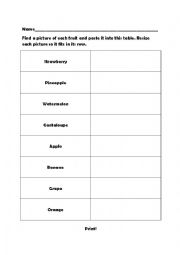 English Worksheet: Find and Paste Fruits