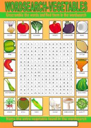 English Worksheet: Vegetables Wordsearch