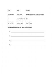 English Worksheet: Present Perfect Tense- Ordering Words and Creating Sentences