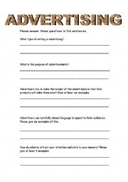 English Worksheet: Questions on adverts