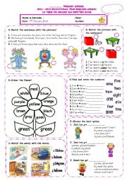 Exercises for elementary students *including:numbers1-10,clothes,colours,body parts,rooms,in,on,under,next to
