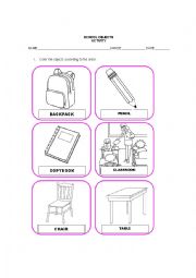 English Worksheet: SCHOOL OBJECTS ACTIVITY