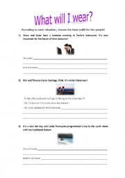 English Worksheet: What will I wear? (Describing outfits)