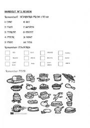 English Worksheet: review colours, numbers and food 