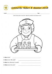 English Worksheet: Community Helpers & Question Words Part 1