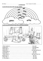 English Worksheet: colours and prepositions of place