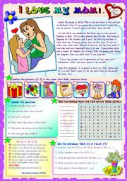 I LOVE MY MOM! (Reading comprehension activities + word search + poem)