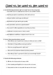 English Worksheet: USED TO, BE USED TO, GET USED TO