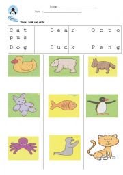 English Worksheet: Animal - Trace, Look and Write