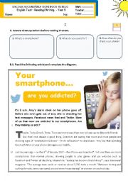 Your smartphone...  are you addicted?  - reading/writing test for year 9 (level B1-)