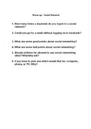 English Worksheet: Warm up exercise about Social Networks