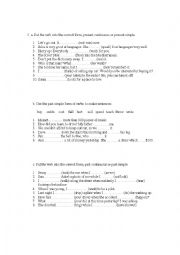 English Worksheet: present continuous,present simple, past continuous past simple