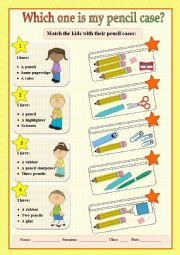 English Worksheet: Match the kids with their pencil cases