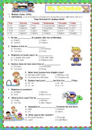 English Worksheet: School Schedule and Prepositions (in- on-at)