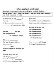 English Worksheet: I WILL ALWAYS LOVE YOU