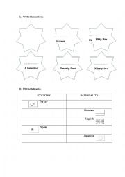 English Worksheet: Numbers, Countries, Nationalities, Classroom objects, Verbs exercises