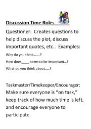 English Worksheet: Discussion of Fiction Text Roles