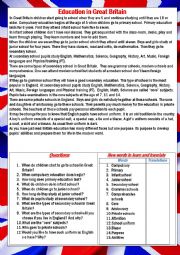 English Worksheet:  Education in Great Britain, reading, pre and after reading comprehension tasks