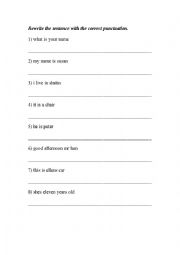 English Worksheet: Rewrite the sentence with the correct punctuation