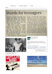 English Worksheet: Oral Exam: Words for Teenagers