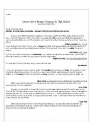 English Worksheet: Teens comments about life in high schoo_ Reading and writing activity