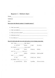 English Worksheet: Beginner 1 Exam