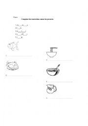 English Worksheet: Complete the words, then name the pictures