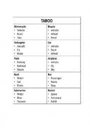 English Worksheet: TABOO MEANS OF TRANSPORT