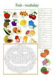 English Worksheet: FRUIT - wordsearch, gap-filling (answer key included)