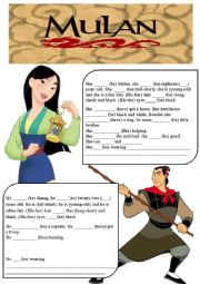 English Worksheet: Mulan, movie (characters descriptions, verb to be, adjectives, his-her, have got, can-cant and feelings)
