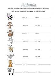 English Worksheet: Animals - where do they live and what do they eat